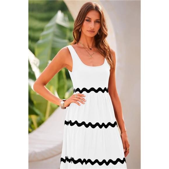 Womens 2024 Summer Sundresses Sleeveless Scoop Neck Tiered Flowy Long Maxi Dress - Picture 4 of 7